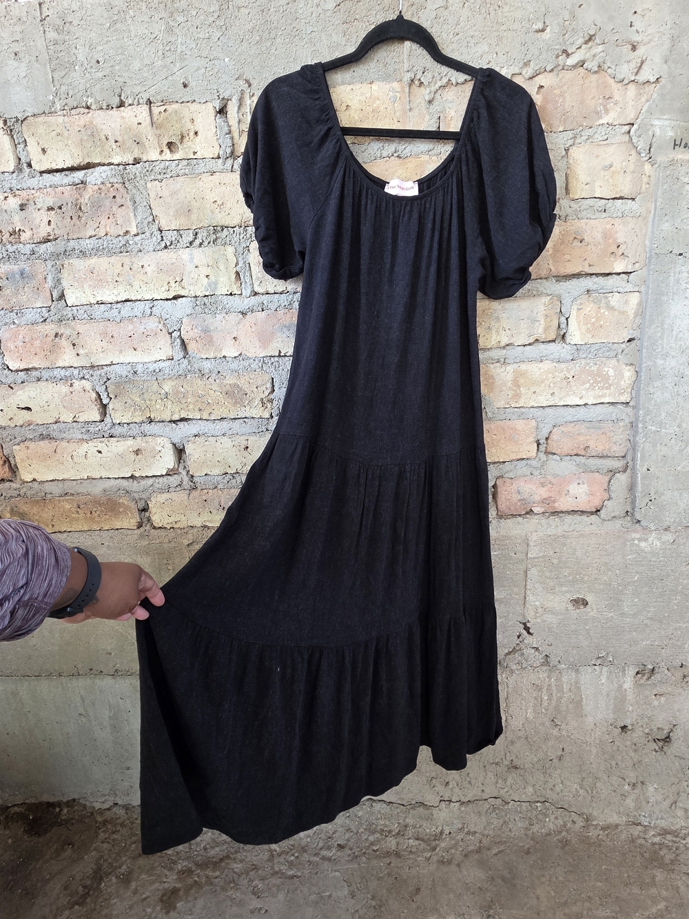 Lisa Says Gah Black Linen Blend Tiered Midi Maxi Dress Puff Sleeve S Small - Picture 5 of 9